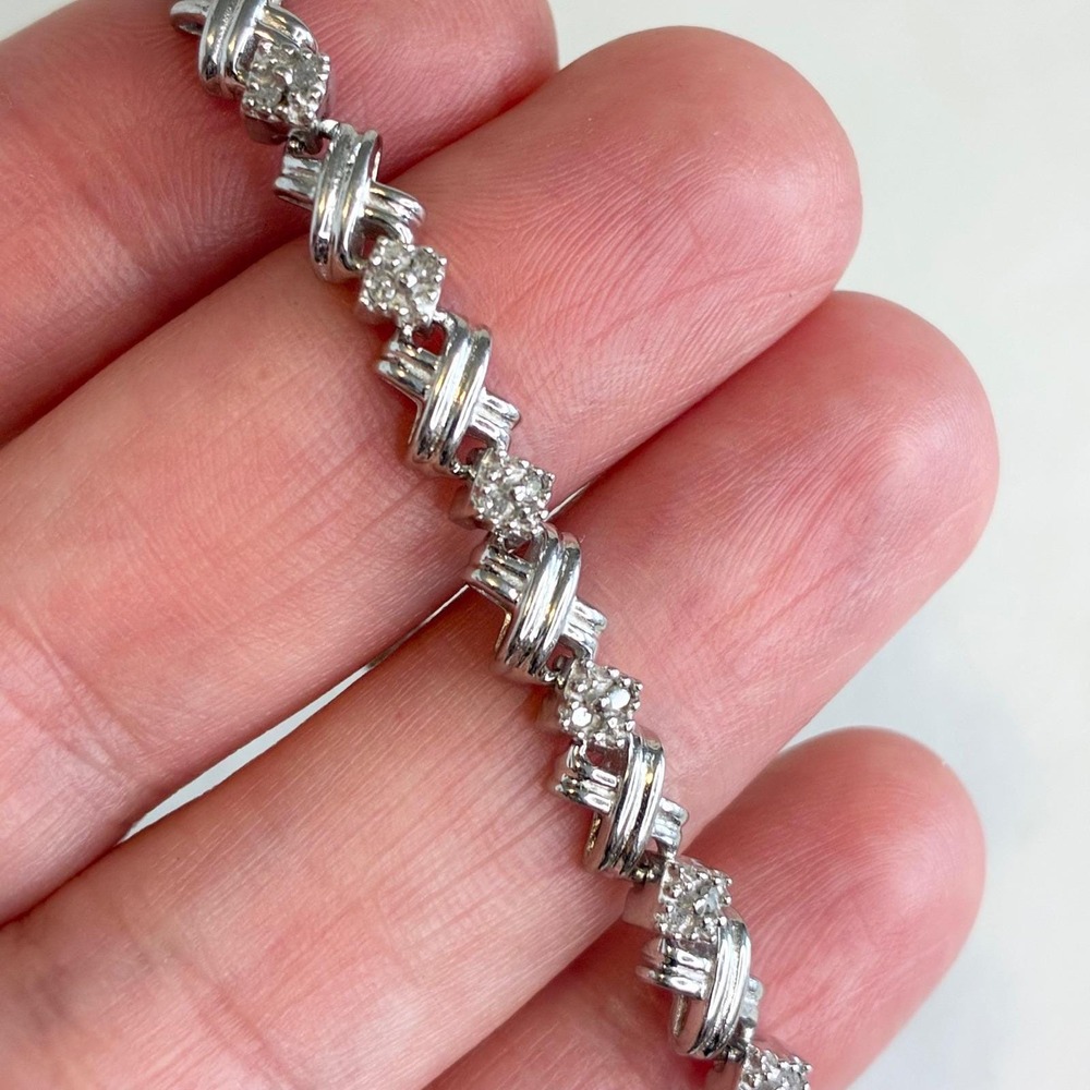 Vintage Tennis Bracelet 925 Sterling Silver X O Diamond Link 6.5"
